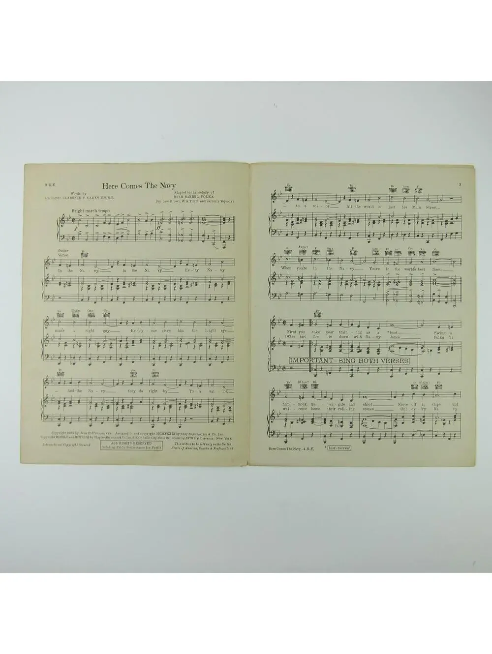 Sheet Music Here Comes The Navy Lt Cmdr Clarence P Oakes WW2 WWII Vintage 1943